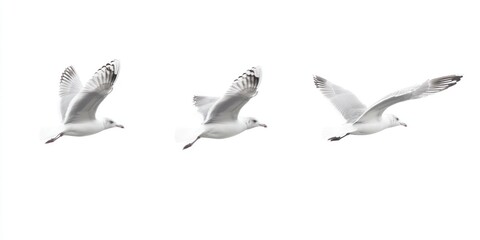 Obraz premium Three seagulls in flight against a white background.