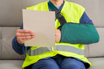Reading letter about injury and repairman compensation paperwork, insurance, legal contract or...