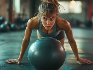 Focused Fitness Woman Doing Push-ups on Exercise Ball