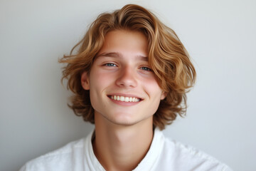Portrait of a Young Male with a Bright Smile on a Solid Background
