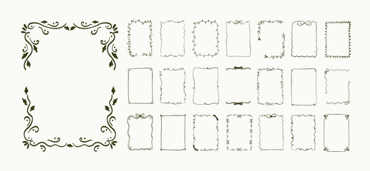 Set of doodle border frame design. Vintage ribbon bow line art corner sketch. Hand drawn coquette trendy cute wedding, Christmas menu, birthday invitation border card template. Vector outline illustra
