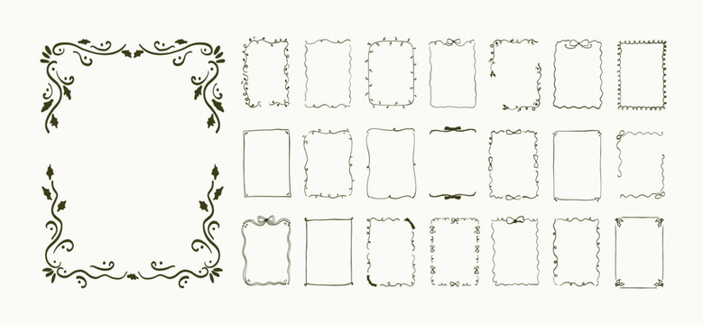 Set of doodle border frame design. Vintage ribbon bow line art corner sketch. Hand drawn coquette trendy cute wedding, Christmas menu, birthday invitation border card template. Vector outline illustra