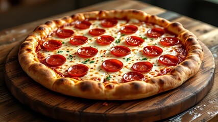 Delicious, photorealistic pepperoni pizza art on a wooden surface.