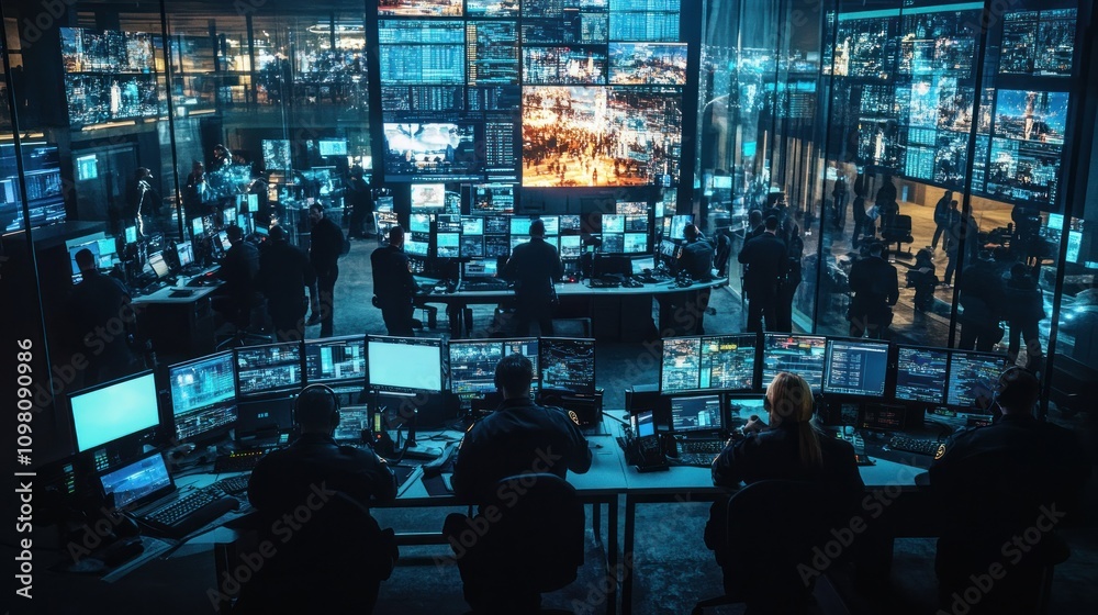 Poster a high-tech control room with multiple screens monitoring activities.