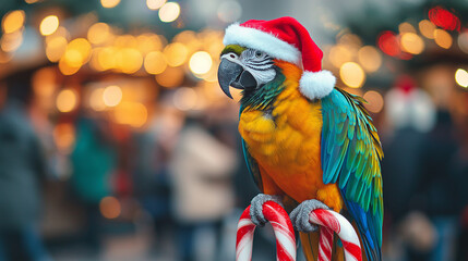A festive parrot wearing a Santa hat poses with a candy cane at a holiday market surrounded by twinkling lights.