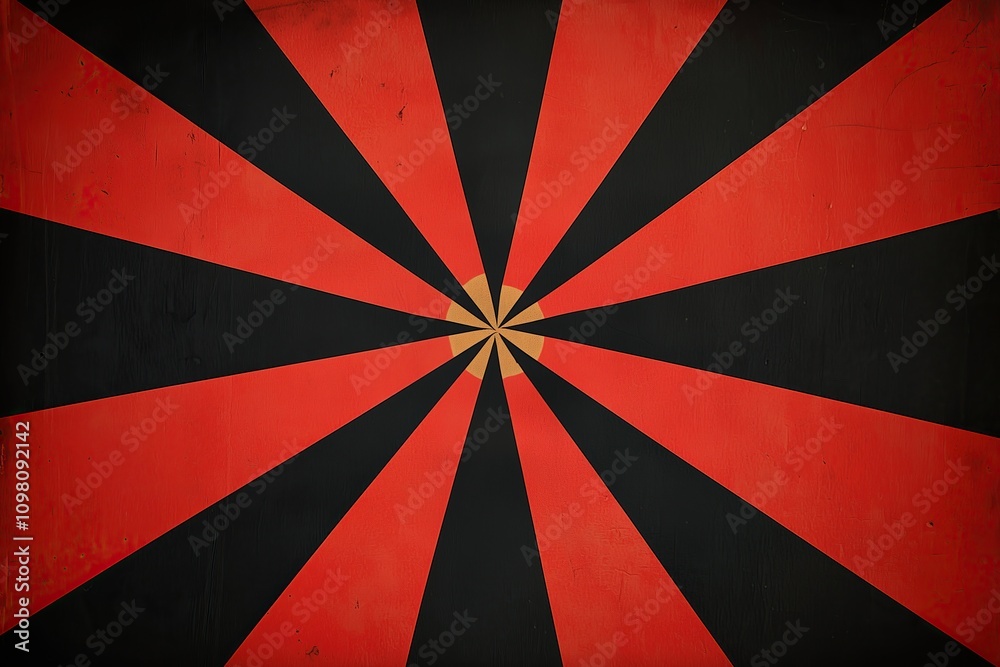 Poster striking geometric pattern in red and black radiating towards central point