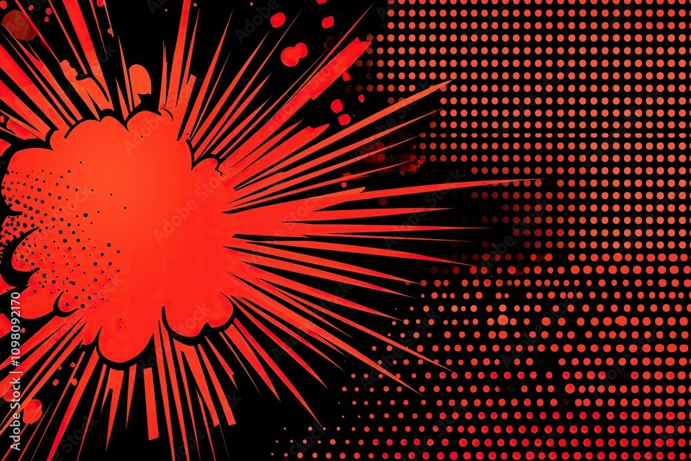 Aufkleber vibrant red explosion halftone graphic with dynamic lines polka dots on black background