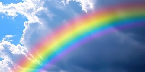 vibrant rainbow arcs across bright blue sky with fluffy white clouds