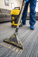 Fototapeta premium Contrast of Cleanliness, Vacuuming a Gray Carpet in a Modern Living Room V9
