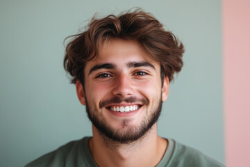Fototapeta premium Portrait of a Young Male with a Bright Smile on a Solid Background