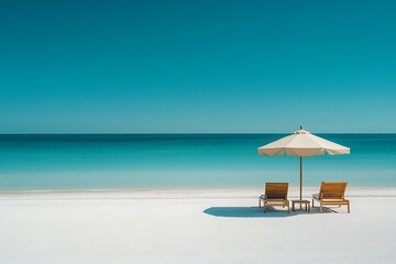 Obraz premium Serene Beach Scene White Sand, Clear Water, Wooden Chairs
