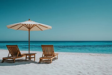 Obraz premium Serene Beach Scene Sunny Sky, Turquoise Ocean, Wooden Loungers