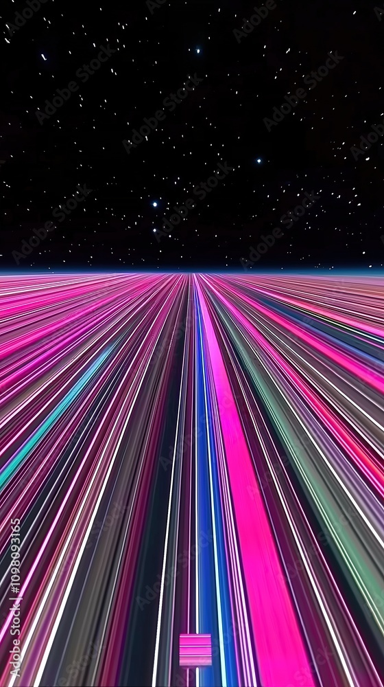 Poster vibrant abstract digital landscape with glowing zooming speed lines and starry sky vertical format