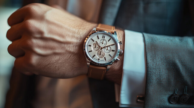 A refined gentleman checks the time on his elegant watch while dressed in a stylish navy blue suit at a sophisticated event