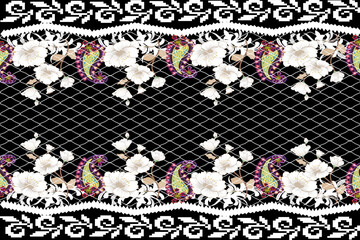 White lace pattern paisley seamless geometric, black mesh background, vector illustration, curtain, fashion clothing