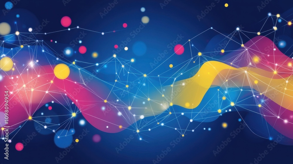 Poster Big data technology and data science illustration. Data flow concept. Querying, analyzing, and visualizing complex information. Neural networks for stock market analysis. Data mining. Business