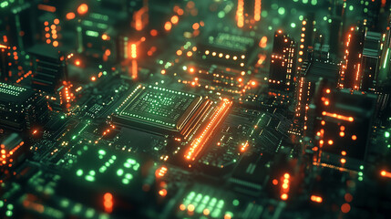 Obraz premium Exploring the intricate details of a green-lit circuit board filled with glowing connections and microcomponents in a tech environment