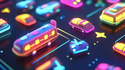 Neon Glowing Vehicles Drive on Futuristic Road