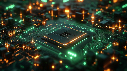 Exploring the intricate details of a green-lit circuit board filled with glowing connections and microcomponents in a tech environment