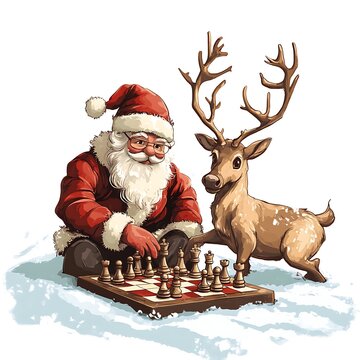 Santa Playing Chess with Reindeer
