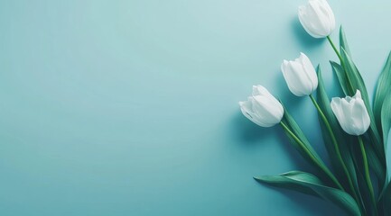 Minimalist background with white tulips on a blue pastel color