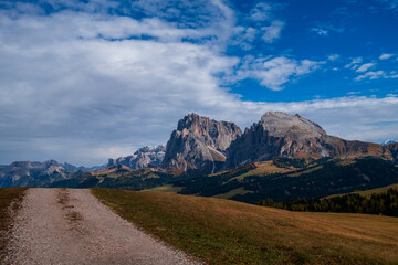 Panoramic view of the Sasso Lungo group in the Dolomites, Italy.