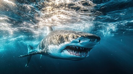 Naklejka premium Bottom view of an ocean shark. Open toothy dangerous mouth with many teeth. Underwater blue sea waves, 