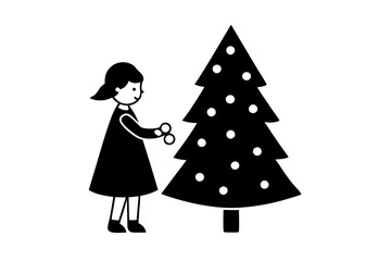 Fototapeta premium A cute girl decorates Christmas tree silhouette vector illustration
