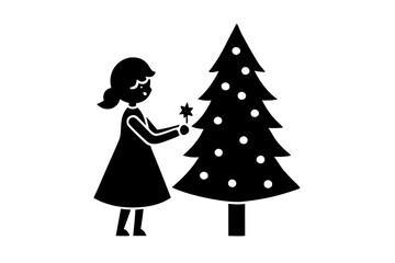 A cute girl decorates Christmas tree silhouette vector illustration