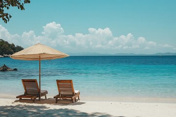 Tranquil Beach Escape White Sand, Turquoise Ocean, Loungers