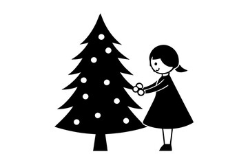 Fototapeta premium A cute girl decorates Christmas tree silhouette vector illustration