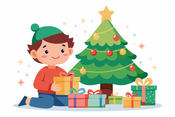 Fototapeta premium A kid opening Christmas presents under the tree vector art illustration design on a white background