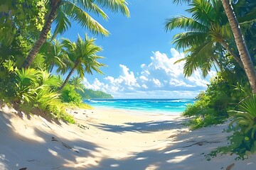Obraz premium Tranquil Beach Getaway Sunny Sky, Lush Palms, Vibrant Sands