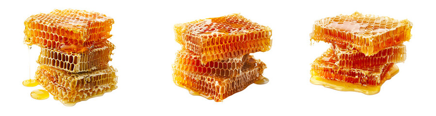 set of stack of honeycombs with dripping honey isolated on a transparent background.  