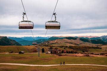 Chairlift on the Seiser Alm in the Dolomites, Italy.