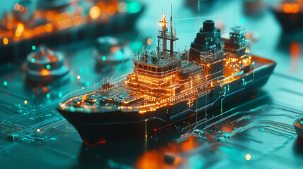 Obraz premium A futuristic ship illuminated by neon lights sailing through a digital ocean of circuit patterns at dusk near a cyberpunk city