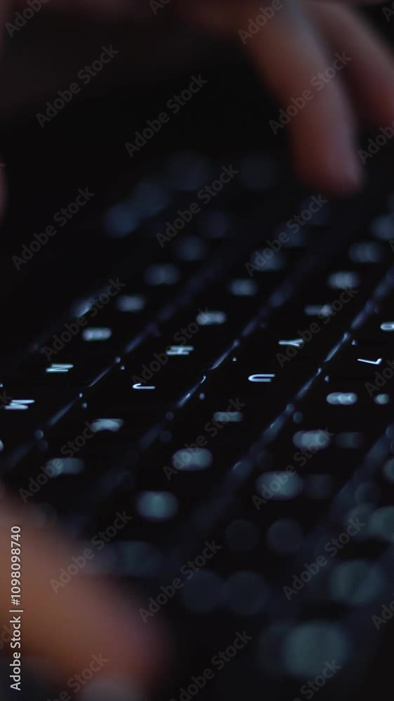Poster a person focused on typing away at a laptop keyboard set in a dimly lit environment, where the glow 