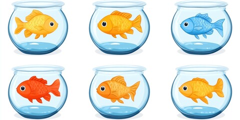 Fototapeta premium Six goldfish and one blue fish swimming in their individual glass bowls.
