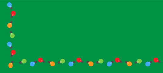 Holiday  Christmas lights,  multi colored frame. Decorating Christmas cards. Cartoon vector isolated, green background