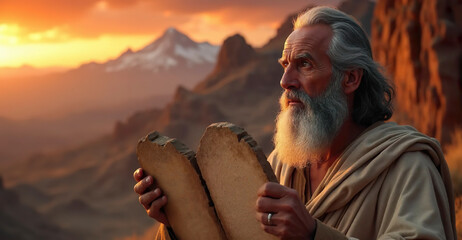 Moses carries stone tablets with Ten Commandments inscribed on them. old bearded jewish man Mose with 10 commandments on stone tablets. torah old testament. mount sinai in Egypt. sunset in mountain.