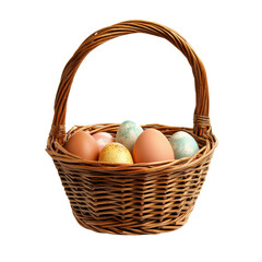 Fototapeta premium wicker basket filled with colorful eggs, perfect for spring celebrations and Easter festivities. vibrant hues add cheerful touch to any decor