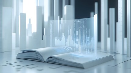 Obraz premium A clean backdrop with an open booklet showcasing modern 3D projection of data trends.