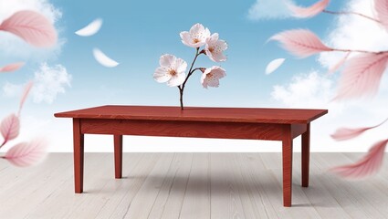 A red table serves as the base for a cherry blossom branch, with petals floating gently around, creating a peaceful and artistic ambiance.