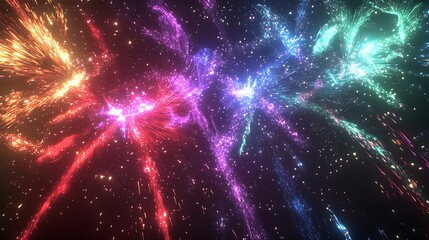 Fototapeta premium Colorful cosmic explosion with vibrant particles and glowing streaks in dark space.