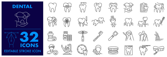 Dental icons set tooth, dentist, implant, dental clinic and dental care element, toothpaste, toothbrush, teeth, implant, Veneer. Editable stroke icon set 