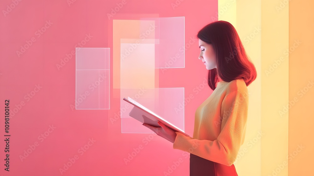 Aufkleber A minimalist design featuring a woman analyzing a booklet with interactive-looking 3D projections rising outward.