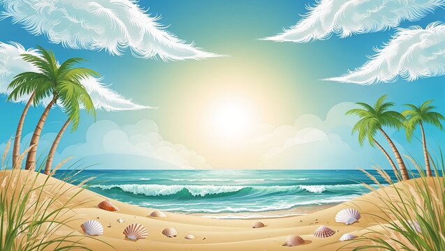 An animated sunny beach scene showcasing swaying palm trees, gentle waves hitting the shore, picturesque clouds, and seashells scattered on sandy foreground.
