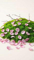 Fototapeta premium Pink sakura petals gently settling on a bed of moss, earthy tones, natural scenery