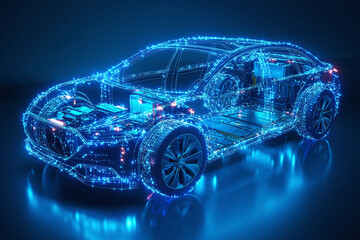 Naklejka premium Transparent visible battery and components blue wireframe of a modern electric car with lithium battery pack. 