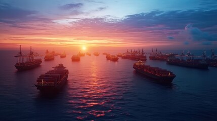 Obraz premium A serene sunset over a harbor filled with cargo ships, casting vibrant colors across the sky and reflecting on the water's surface.